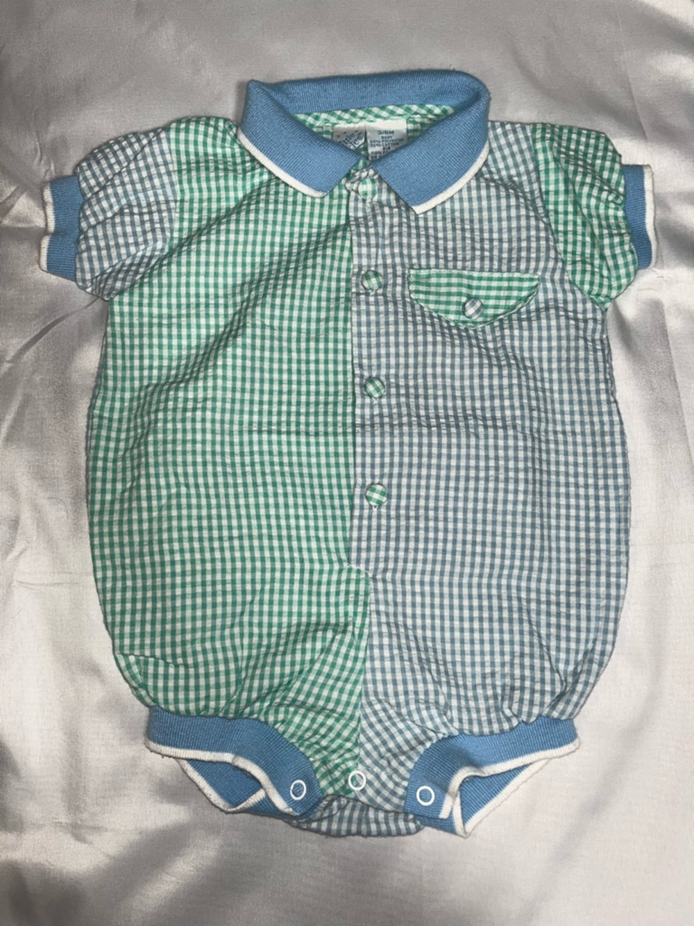 Vintage Little Miracles Romper 3-6M Green Blue Gingham Collared Pocket